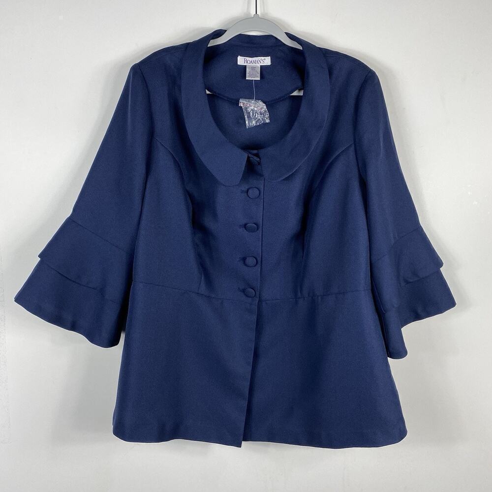 Roaman's Plus Size 20 Tiered Sleeve Button Front Jacket Navy Blue
